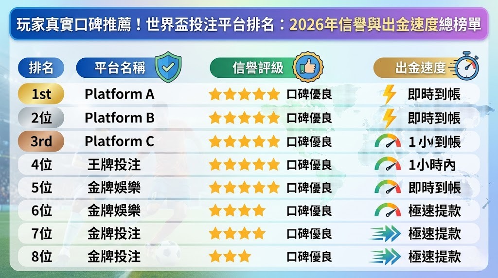 世界盃投注平台排名：2026年信譽與出金速度總榜單